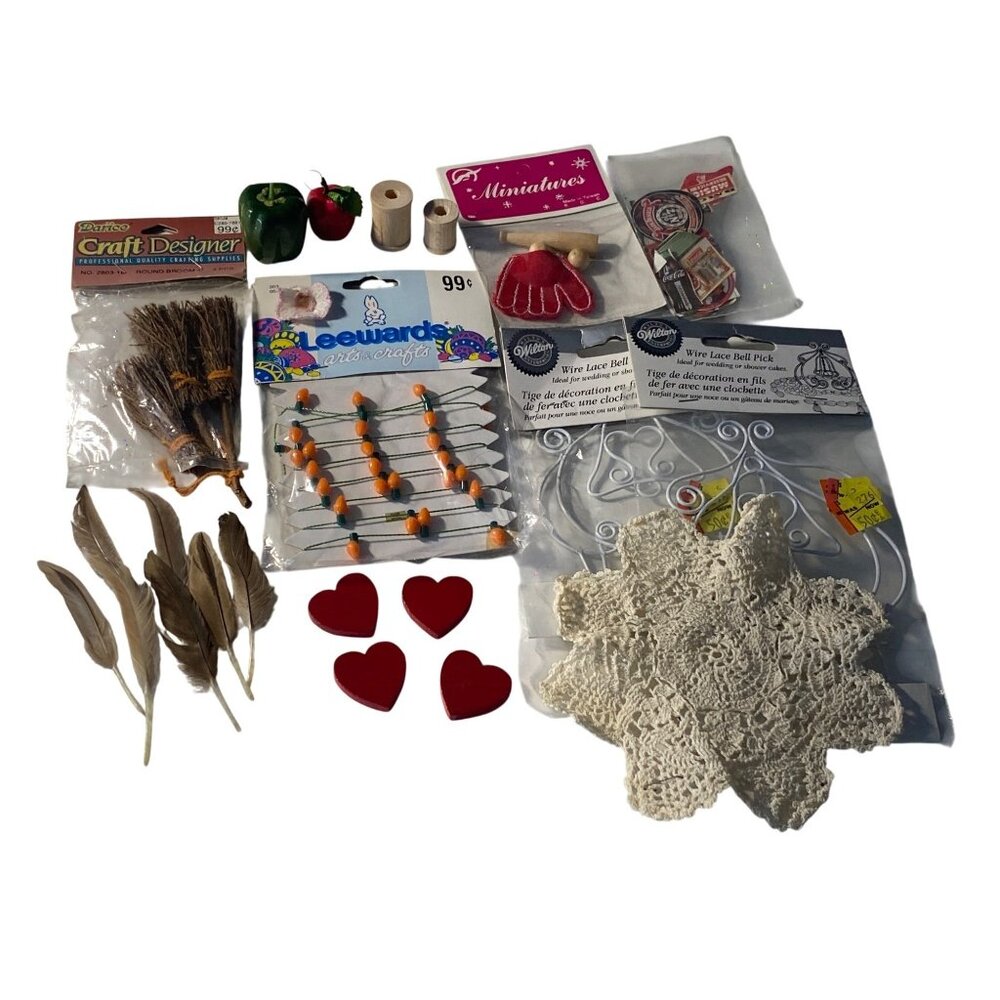 Assorted Crafting Supplies Set: Feathers Wooden Hearts Miniature Vegetable VTG